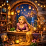 Rapunzel’in kulede yaşadığı ve doğayla etkileşim kurduğu 3D animasyon tarzında renkli orman sahnesi