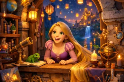 Rapunzel’in kulede yaşadığı ve doğayla etkileşim kurduğu 3D animasyon tarzında renkli orman sahnesi