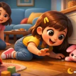 Elif’in kaybolan pembe tavşan oyuncağını evde aradığı sahneyi gösteren 3D animasyon çocuk görseli