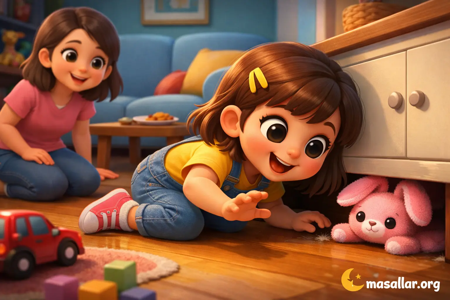 Elif’in kaybolan pembe tavşan oyuncağını evde aradığı sahneyi gösteren 3D animasyon çocuk görseli