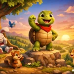 Sabırlı kaplumbağanın ormanda yarış kazanmasını anlatan yatay 3D animasyon çocuk masalı görseli