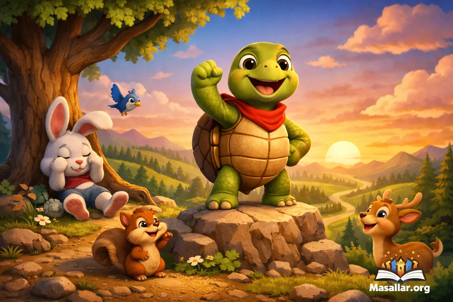 Sabırlı kaplumbağanın ormanda yarış kazanmasını anlatan yatay 3D animasyon çocuk masalı görseli