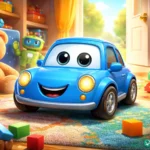 Mavi renkli sevimli oyuncak araba Maviş’in çocuk odasında diğer oyuncaklarla birlikte yaşadığı 3D animasyon sahnesi