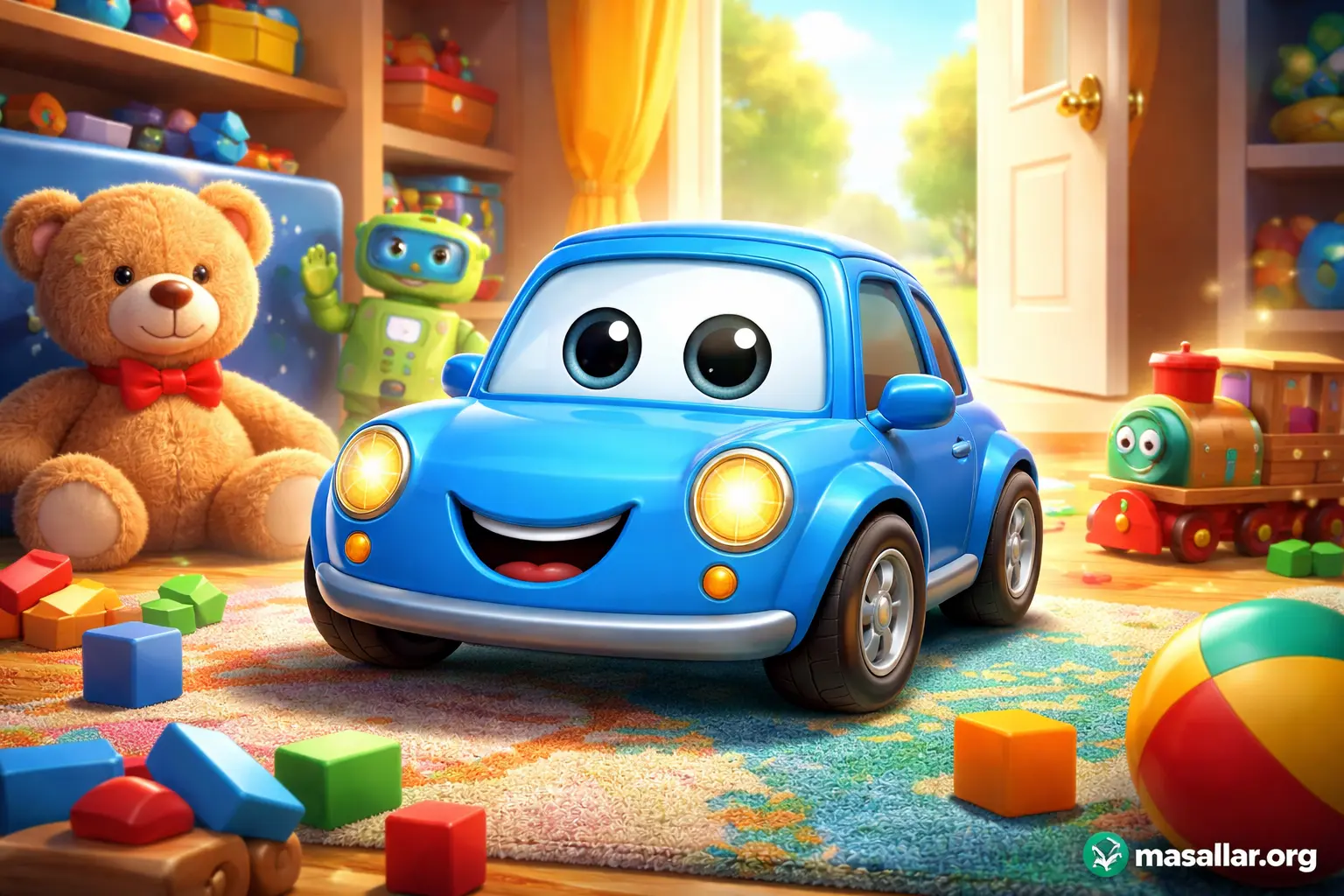 Mavi renkli sevimli oyuncak araba Maviş’in çocuk odasında diğer oyuncaklarla birlikte yaşadığı 3D animasyon sahnesi