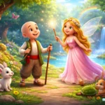 Keloğlan ve peri kızının sihirli ormanda karşılaştığı renkli 3D animasyon masal sahnesi