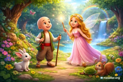 Keloğlan ve peri kızının sihirli ormanda karşılaştığı renkli 3D animasyon masal sahnesi