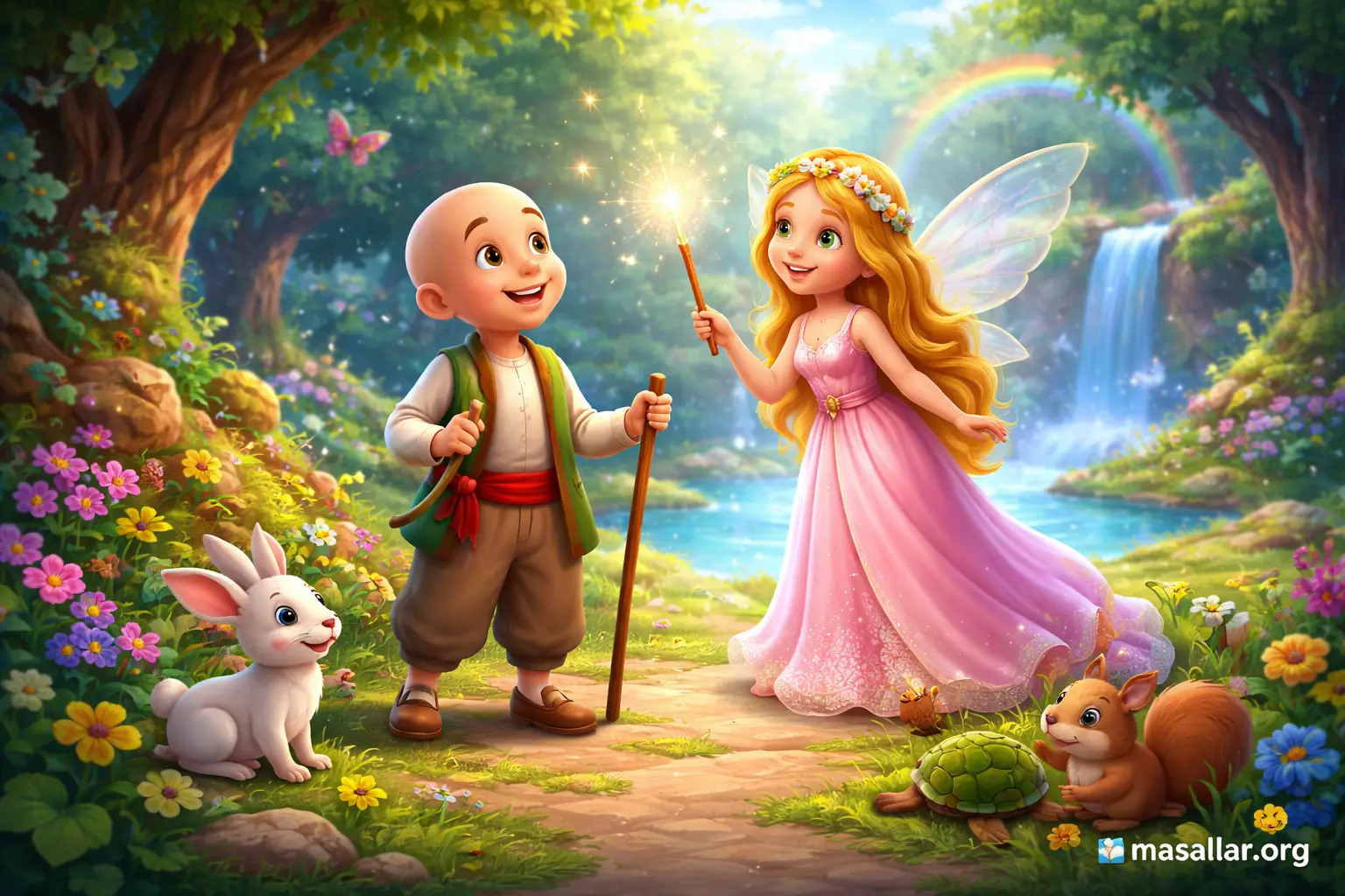 Keloğlan ve peri kızının sihirli ormanda karşılaştığı renkli 3D animasyon masal sahnesi