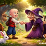 Keloğlan ve iyi kalpli cadının ormanda karşılaşıp el sıkıştığı 3D animasyon masal görseli