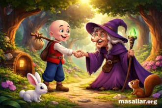 Keloğlan ve iyi kalpli cadının ormanda karşılaşıp el sıkıştığı 3D animasyon masal görseli