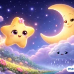 Gece gökyüzünde ay ve minik yıldız karakterlerinin bulunduğu, çocuklara yönelik eğitici masalı anlatan yatay formatta 3D animasyon illüstrasyon.