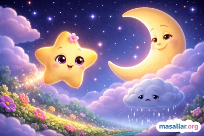 Gece gökyüzünde ay ve minik yıldız karakterlerinin bulunduğu, çocuklara yönelik eğitici masalı anlatan yatay formatta 3D animasyon illüstrasyon.