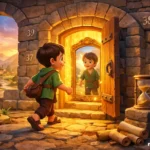 Kırkıncı kapıyı açan çocuk ve sihirli ayna sahnesini anlatan 3D animasyon masal görseli