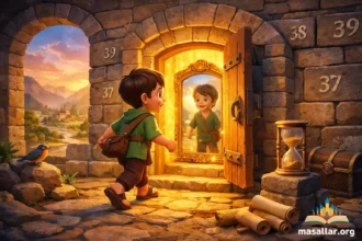 Kırkıncı kapıyı açan çocuk ve sihirli ayna sahnesini anlatan 3D animasyon masal görseli