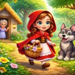 Kırmızı Başlıklı Kız’ın sepetiyle ormanda yürüdüğü, büyükannesinin evi ve dost kurt karakterinin bulunduğu çocuklara yönelik 3D masal illüstrasyonu.