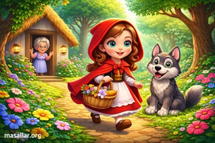 Kırmızı Başlıklı Kız’ın sepetiyle ormanda yürüdüğü, büyükannesinin evi ve dost kurt karakterinin bulunduğu çocuklara yönelik 3D masal illüstrasyonu.