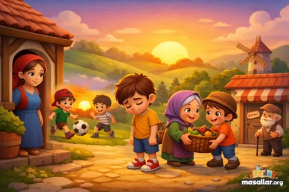 Sözünde duran çocuk Mert’in köyde arkadaşlarıyla oynadığı ve yaşlı kadına yardım ettiği 3D animasyon masal sahnesi