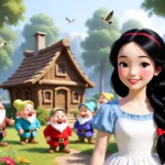 Pamuk Prenses ve Yedi Cüceler 3D animasyon tarzında, ormanda küçük kulübe önünde birlikte mutlu sahne