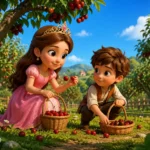 Kiraz ağaçları arasında doğayı koruyan küçük prensesin yer aldığı renkli 3D animasyon masal sahnesi