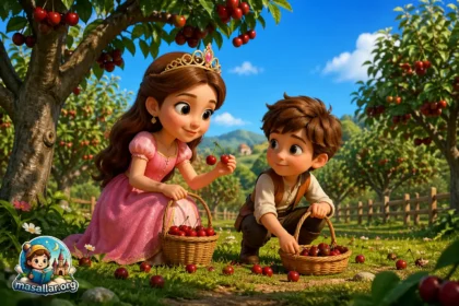 Kiraz ağaçları arasında doğayı koruyan küçük prensesin yer aldığı renkli 3D animasyon masal sahnesi