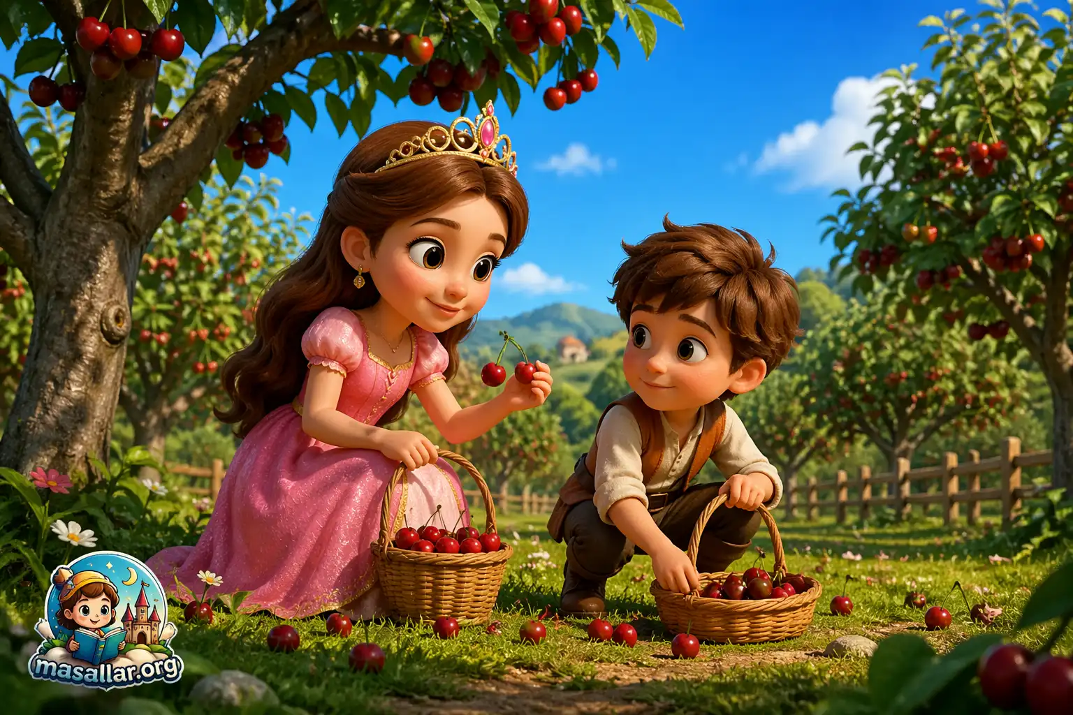 Kiraz ağaçları arasında doğayı koruyan küçük prensesin yer aldığı renkli 3D animasyon masal sahnesi