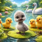 Göl kenarında yalnız duran çirkin ördek yavrusu ve arka planda yüzen beyaz kuğuların 3D animasyon sahnesi