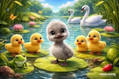 Göl kenarında yalnız duran çirkin ördek yavrusu ve arka planda yüzen beyaz kuğuların 3D animasyon sahnesi