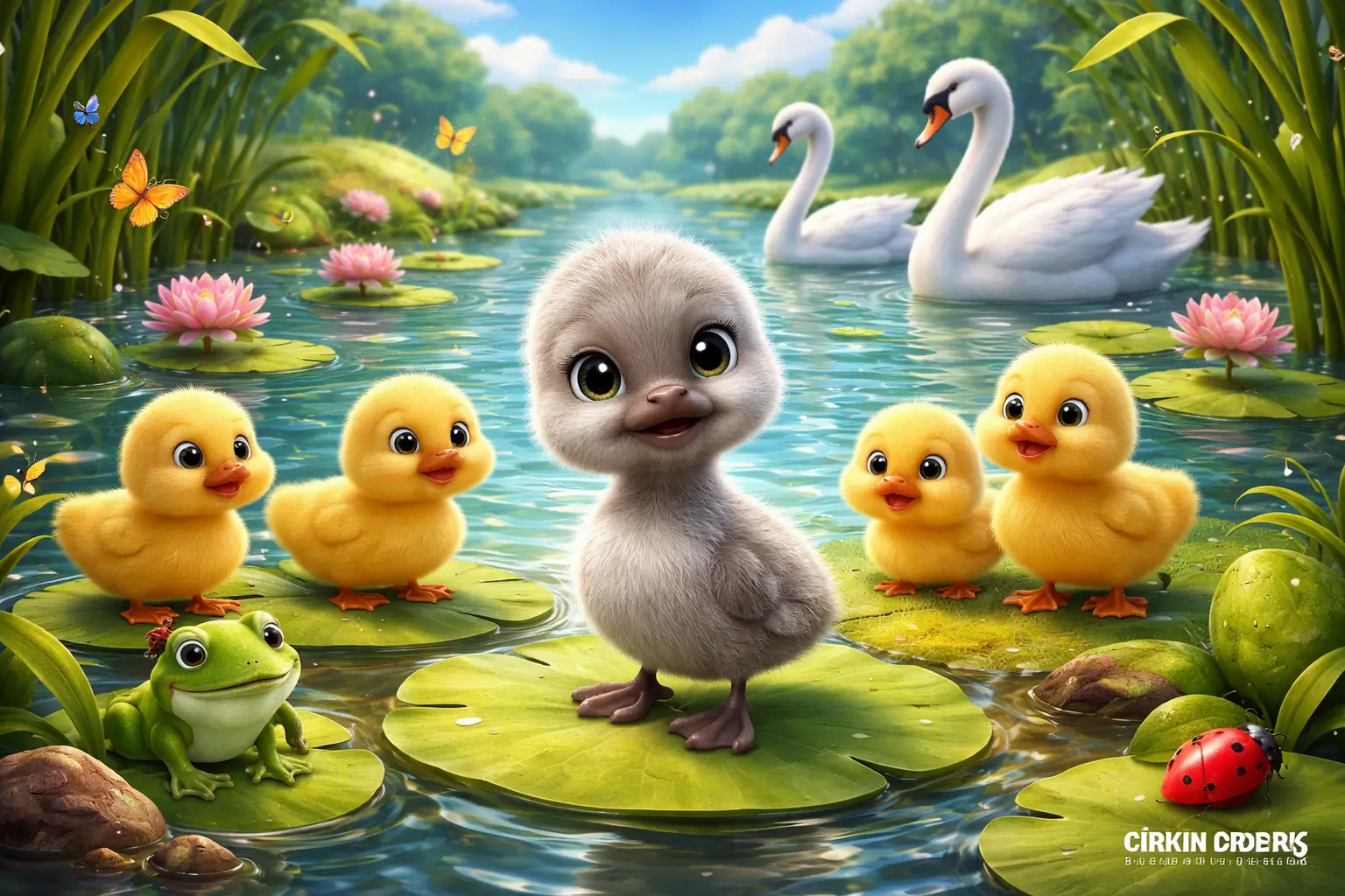 Göl kenarında yalnız duran çirkin ördek yavrusu ve arka planda yüzen beyaz kuğuların 3D animasyon sahnesi