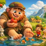Nazik devin çocuklar ve hayvanlarla göl kenarında elma yerken tasvir edildiği renkli 3D animasyon masal görseli