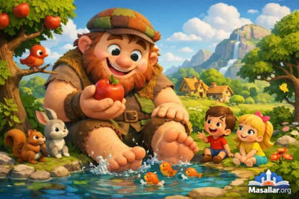 Nazik devin çocuklar ve hayvanlarla göl kenarında elma yerken tasvir edildiği renkli 3D animasyon masal görseli