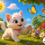 Kedicik Pati’nin güneşli bahçede kelebek ve kuş ile oynadığı 3D animasyon masal görseli