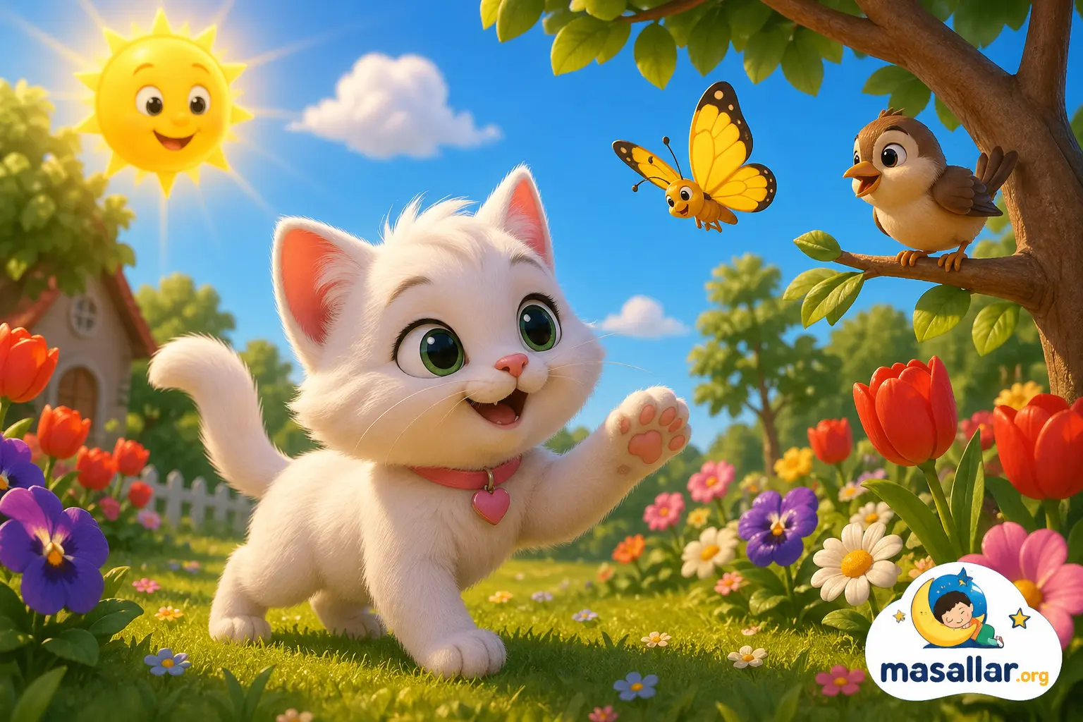 Kedicik Pati’nin güneşli bahçede kelebek ve kuş ile oynadığı 3D animasyon masal görseli