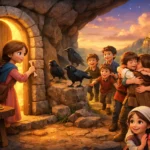 Yedi Karga masalında kız kardeşin büyüyü bozarak kargalara dönüşen abileriyle kavuştuğu 3D animasyon sahnesi