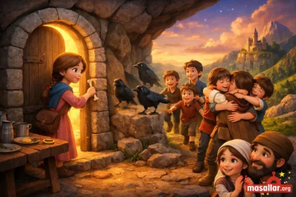 Yedi Karga masalında kız kardeşin büyüyü bozarak kargalara dönüşen abileriyle kavuştuğu 3D animasyon sahnesi