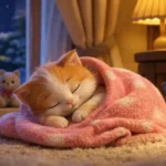 Sıcacık battaniyeye sarılmış uyuyan minnoş kedicik 3D animasyon masal görseli