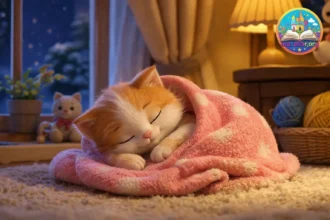 Sıcacık battaniyeye sarılmış uyuyan minnoş kedicik 3D animasyon masal görseli