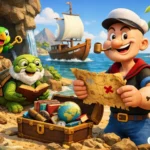 Temel Reis’in hazine haritası ile tropik adada maceraya çıktığı, papağan, kaplumbağa ve hazine sandığı bulunan 3D animasyon çocuk masalı görseli.