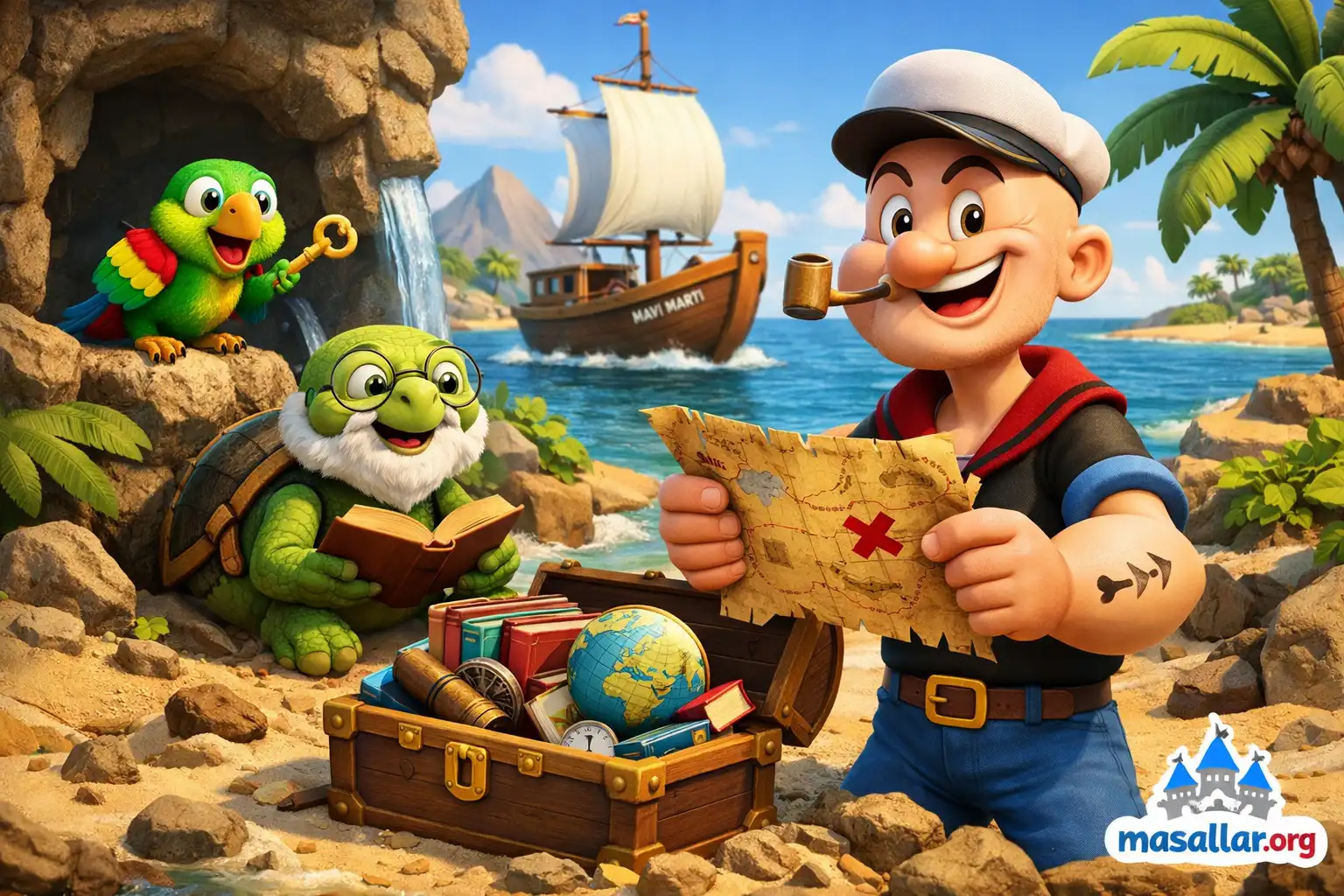 Temel Reis’in hazine haritası ile tropik adada maceraya çıktığı, papağan, kaplumbağa ve hazine sandığı bulunan 3D animasyon çocuk masalı görseli.