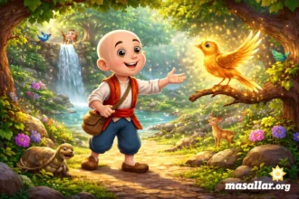 Keloğlan’ın ormanda altın bülbülle karşılaştığı renkli ve eğitici 3D masal sahnesi