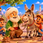Nasreddin Hoca ve eşeğinin çocuklara gülmeyi öğrettiği renkli 3D animasyon masal sahnesi