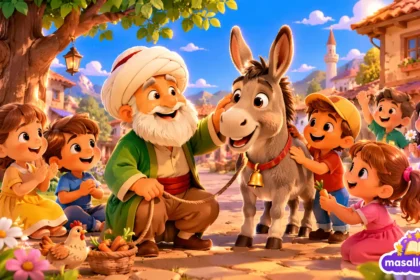 Nasreddin Hoca ve eşeğinin çocuklara gülmeyi öğrettiği renkli 3D animasyon masal sahnesi