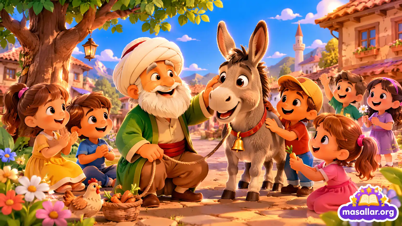 Nasreddin Hoca ve eşeğinin çocuklara gülmeyi öğrettiği renkli 3D animasyon masal sahnesi