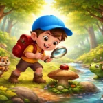 Mavi şapkalı küçük kaşifin ormanda büyüteçle uğur böceğini incelediği, sincap ve kaplumbağa ile keşif yaptığı 3D animasyon sahnesi