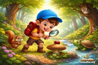 Mavi şapkalı küçük kaşifin ormanda büyüteçle uğur böceğini incelediği, sincap ve kaplumbağa ile keşif yaptığı 3D animasyon sahnesi