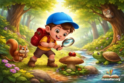 Mavi şapkalı küçük kaşifin ormanda büyüteçle uğur böceğini incelediği, sincap ve kaplumbağa ile keşif yaptığı 3D animasyon sahnesi