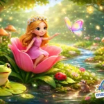 Parmak Kız karakterinin çiçek üzerinde oturduğu, kelebek ve orman hayvanlarıyla çevrili renkli 3D masal animasyonu sahnesi