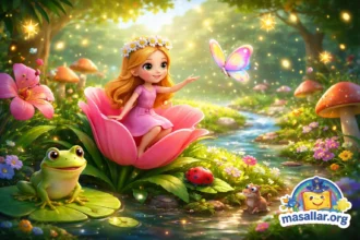 Parmak Kız karakterinin çiçek üzerinde oturduğu, kelebek ve orman hayvanlarıyla çevrili renkli 3D masal animasyonu sahnesi