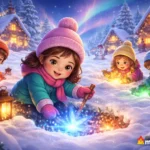 Karlı köyde hayalleri bulan küçük kız Mira ve renkli ışıklar masal illüstrasyonu