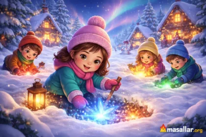 Karlı köyde hayalleri bulan küçük kız Mira ve renkli ışıklar masal illüstrasyonu