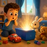 Oyuncaklarını toplayan küçük çocuğun sihirli oyuncak kutusunu keşfettiği renkli 3D animasyon çocuk masalı görseli.