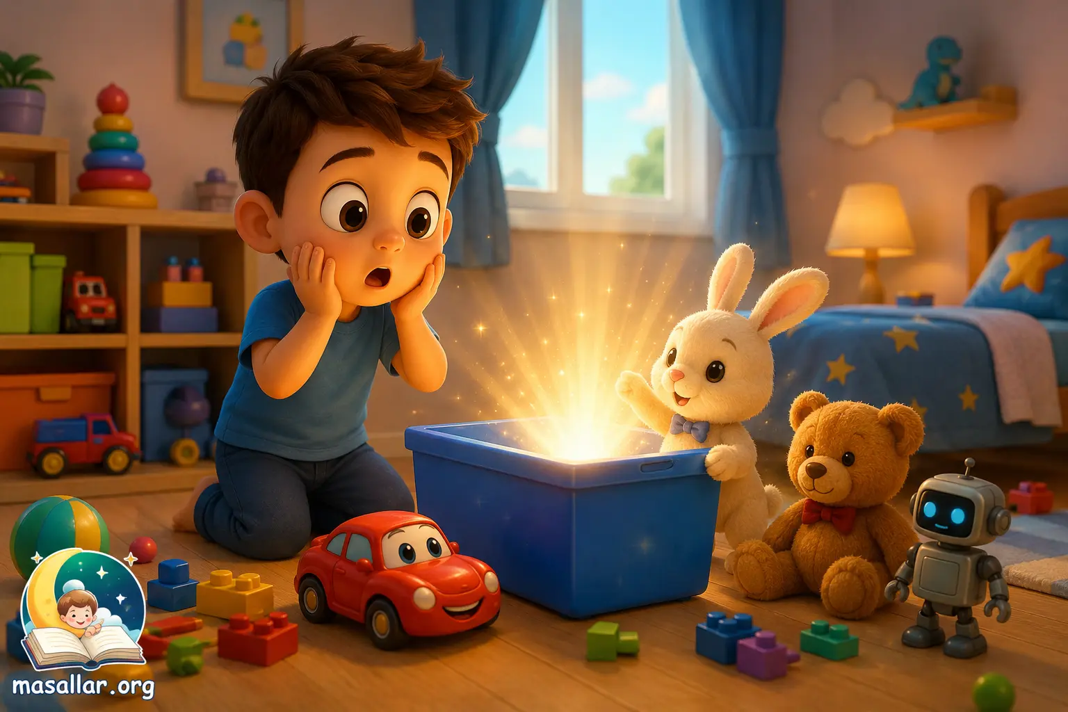 Oyuncaklarını toplayan küçük çocuğun sihirli oyuncak kutusunu keşfettiği renkli 3D animasyon çocuk masalı görseli.